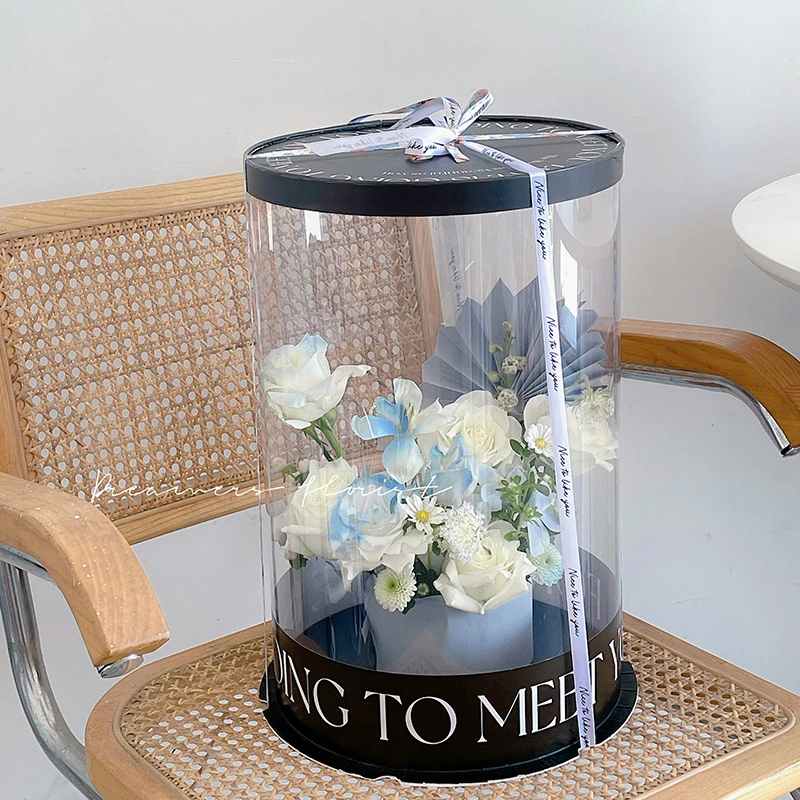 Clear big tall flower floral paper round foldable hat box cylinder round black white for flower bouquet arrangement delivery