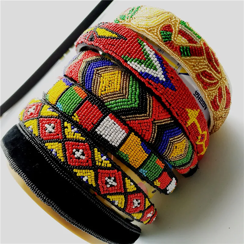 Beaded Padded Headband Colorful Beads Headbands African Hair Hoops Ethnic Hair Accessories for Women and Girls