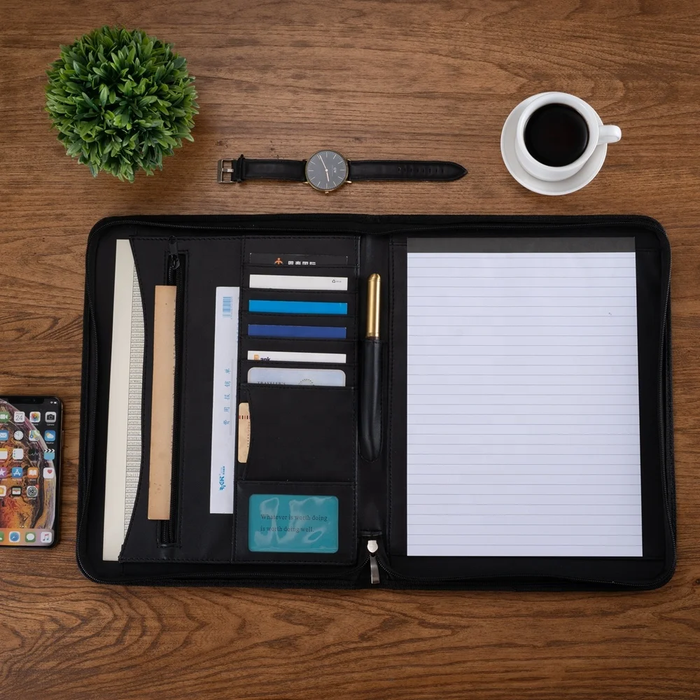 Black Professional Business Leather Portfolio For Men,A4 Leather Writing Pad Padfolio Folder With Zipper,Custom LOGO PU Padfolio