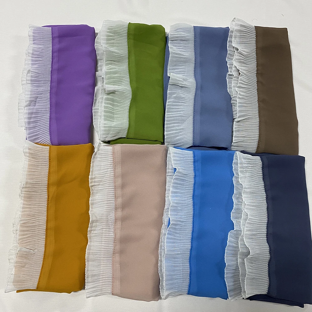 Stitched Pleated Eyelash Lace Hijab Bubble Chiffon Scarf Long Size White and Black Lace Elegant Islamic Shawls Headband Wrap