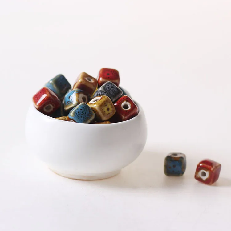 CC1822 Vintage Square Ceramic Beads, Handmade Pottery, Porcelain Beads for Jewellery Making