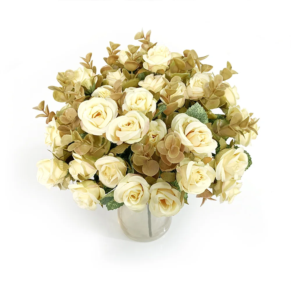 SEASON Autumn  Mini Roses Flower  with Eucalyptus Bush Wedding Decoration Flower Arrangement Artificial Rose Bouquet