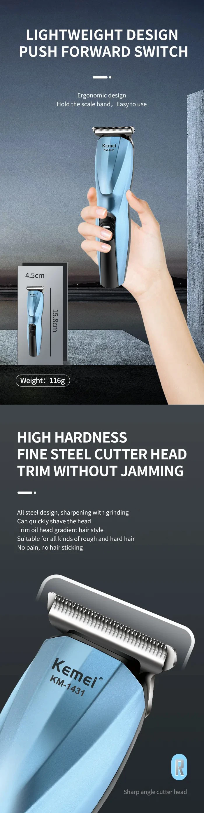 Kemei km-1431 Hot sales Professional Low Noise T Shaped Blade Quiet Motor Hair Clippers And Cordless Hair Trimmers