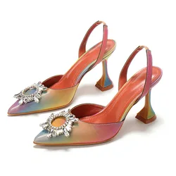 2022 Designer Shoes Women Pumps Luxury Crystal Slingback High Heels Summer Bride Shoes Triangle Heeled Party Wedding Shoes