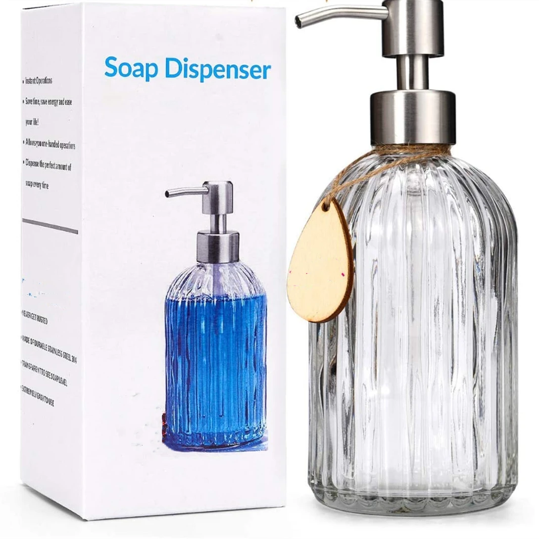Premium Quality 18oz Soap Dispenser, Large Size Hand & Dish Soap Dispenser Rust Proof Stainless Steel Pump,Clear Glass