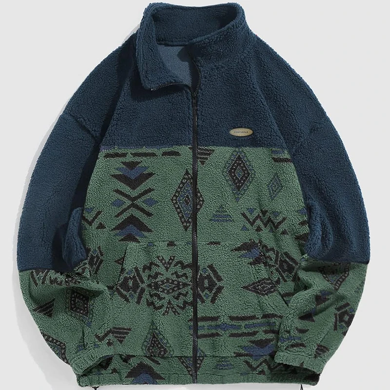 High quality Custom Sherpa Polar Fleece Zip Up Fly Fluffy Jacket Aztec men Jackets Outdoor Fleece Jacket