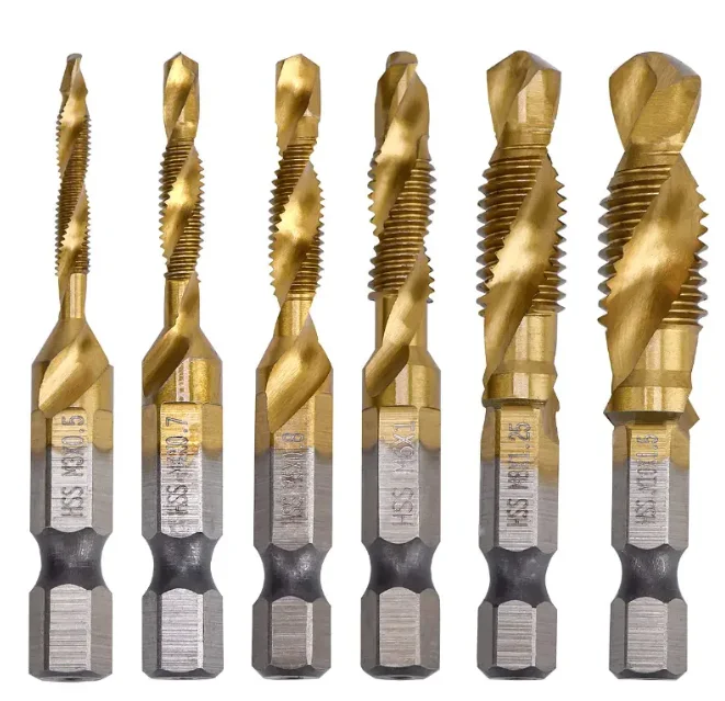 6pcs long screw Tap Drill Bits Hex Shank M3 M4 M5 M6 M8 M10 Titanium Coated HSS Compound Metric Thread Machine Taps