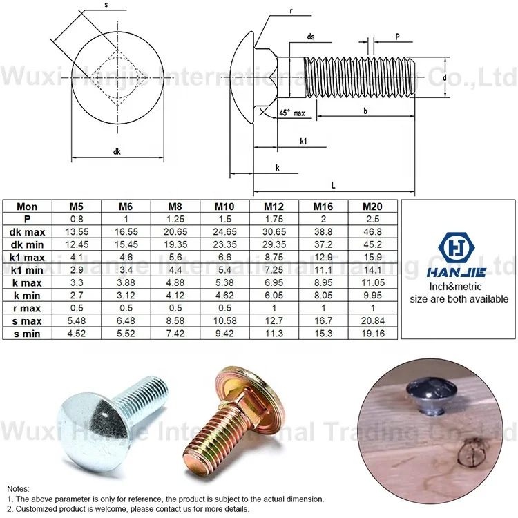 Grade 5 8 Din603 Carbon Steel Yellow Zinc Plated Mushroom Head Square Neck carriage bolt