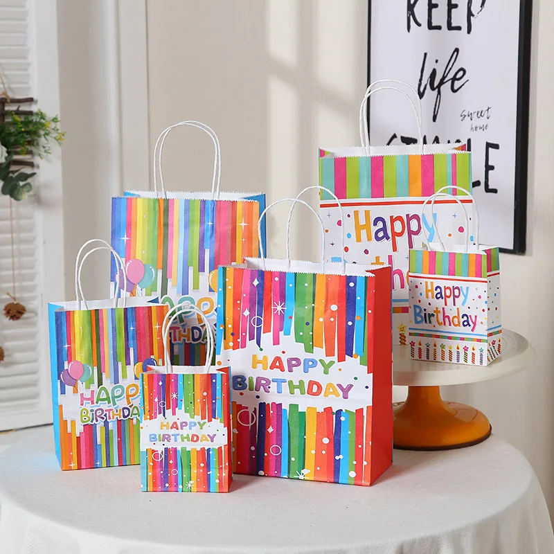 Fancy birthday party paper bag rainbow printed happy birthday gift candy favor packaging kraft bag for kid birthday party gift