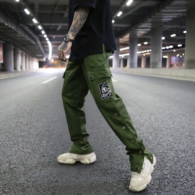 OEM vintage side button loose straight embroidery cargo pants couple hiphop casual trousers stretch waist side pocket work wear