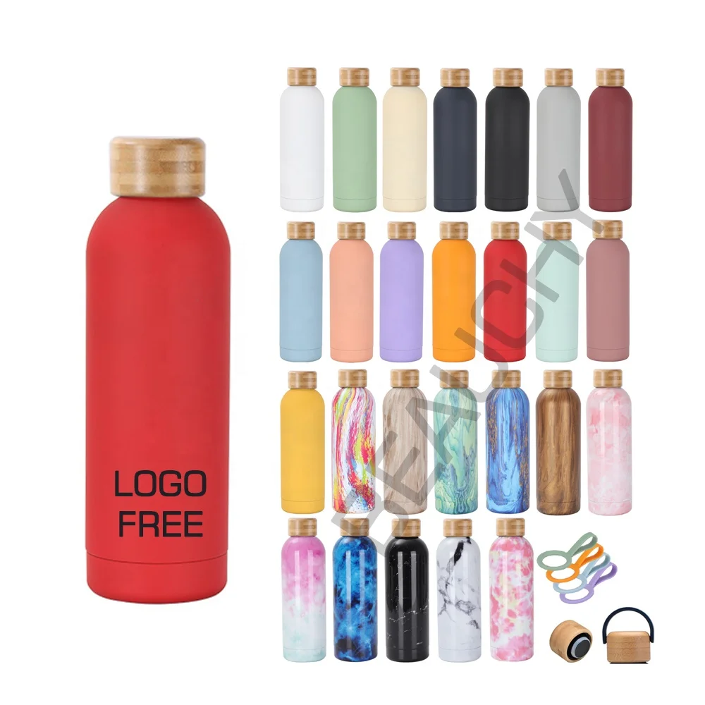 Wholesale Bamboo Lid 500ml Double Wall Insulated Sport Thermal Bottle Rubber Coated Stainless Steel Water Bottle With Handle