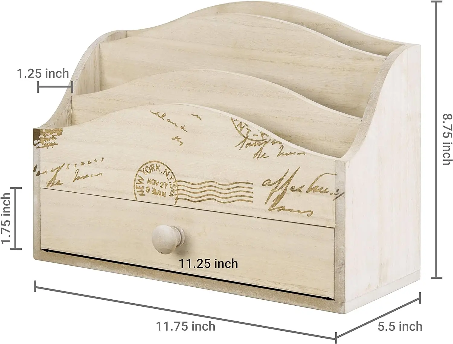 Whitewashed Wood Mail Sorter Holder For Desk  Wooden Rustic Office Desktop Stationery File Organizer