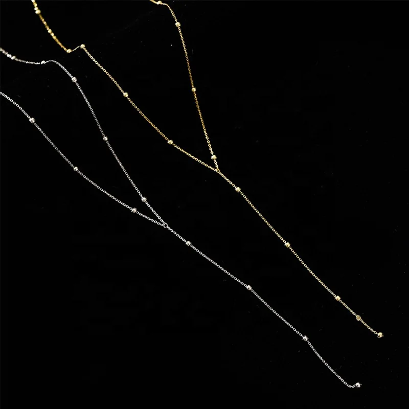 18k gold Simple round bead long chain necklace low-cut sexy cold wind collarbone chain light luxury niche design necklace