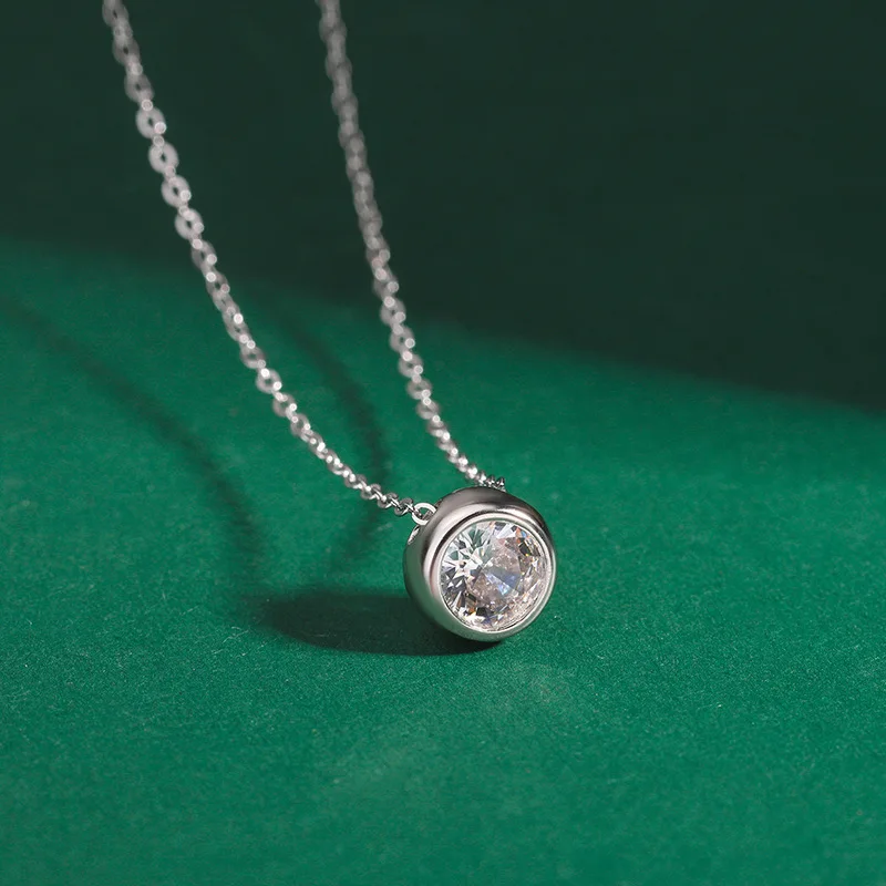 High Quality Custom Jewelry 925 Sterling Silver Bezel Setting Cz Choker Round Zircon Pendant Necklace