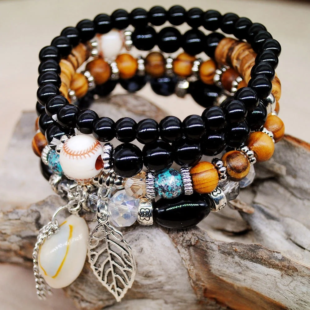 Hot Sale Bohemian Stretch Bangles Middle East Ocean Style Multi Layer Crystal Bead Natual Stone Tassel Bracelet For Girls Women