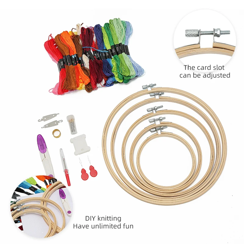 JP Diy Portable 50 Color Thread Bamboo Embroidery Hoop Set Cross Stitch Tool Accessories Embroidery Kit Sets