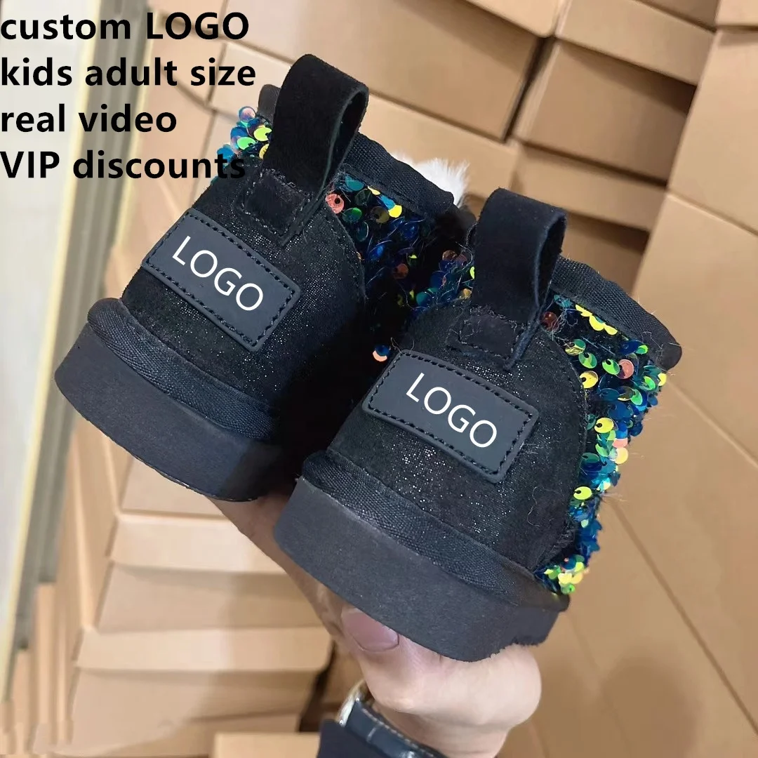 Dropshipping Custom brand logo Wholesale fashion ladies sheepskin kids women winter snow ribbon fur boots with bows