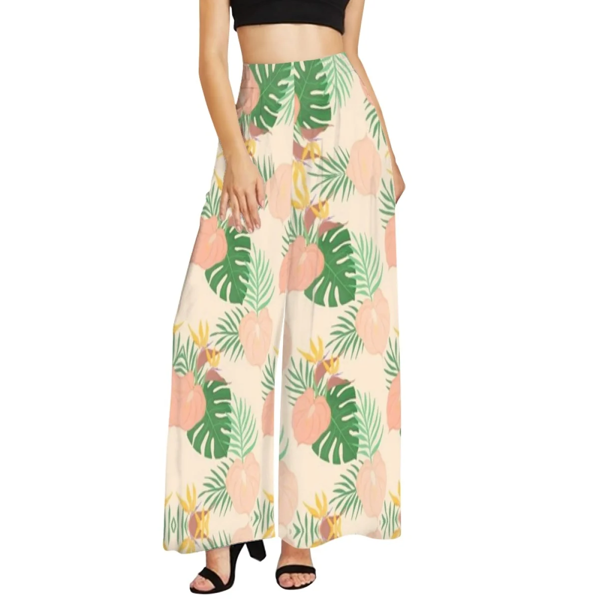 Plus Size Custom Print Women Hawaii Tropical Wide Leg Pants Breathable Loose Wide Leg Pant Women Jungle Monstera Leaves Print