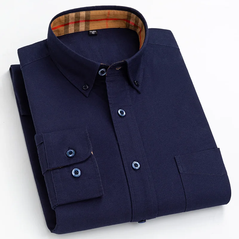 Stock 100% cotton carbon Oxford collar contrast Plaid Long Sleeve Shirt