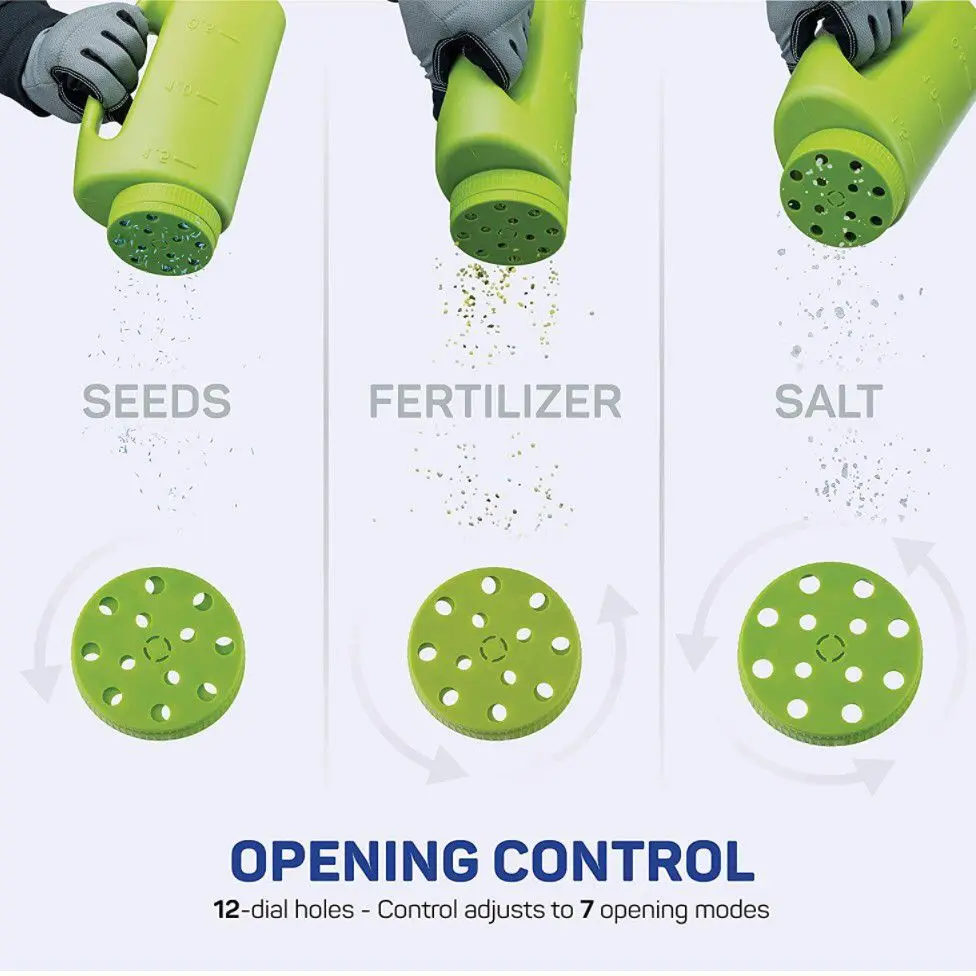 
seed spreader handheld salt and seed spreader adjustable hole size fertilizer seeds insect repellent ice melter de icer 