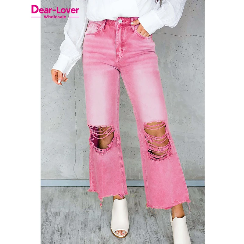 Dear-Lover High Quality Black Distressed Hollow-out High Waist Cropped Flare Jeans Women