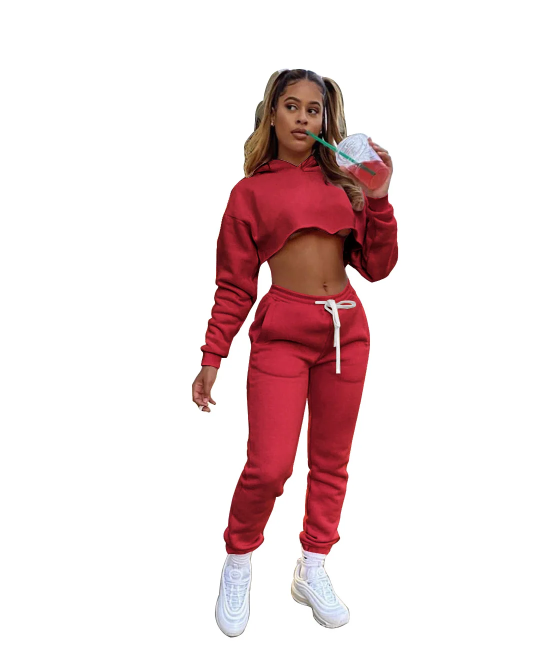
2021 New Arrivals Fashion Plus Size Women Casual Hooded Long Sleeve Crop Waist Drawstring Pants Solid 2 Pieces Set Tracksuit 