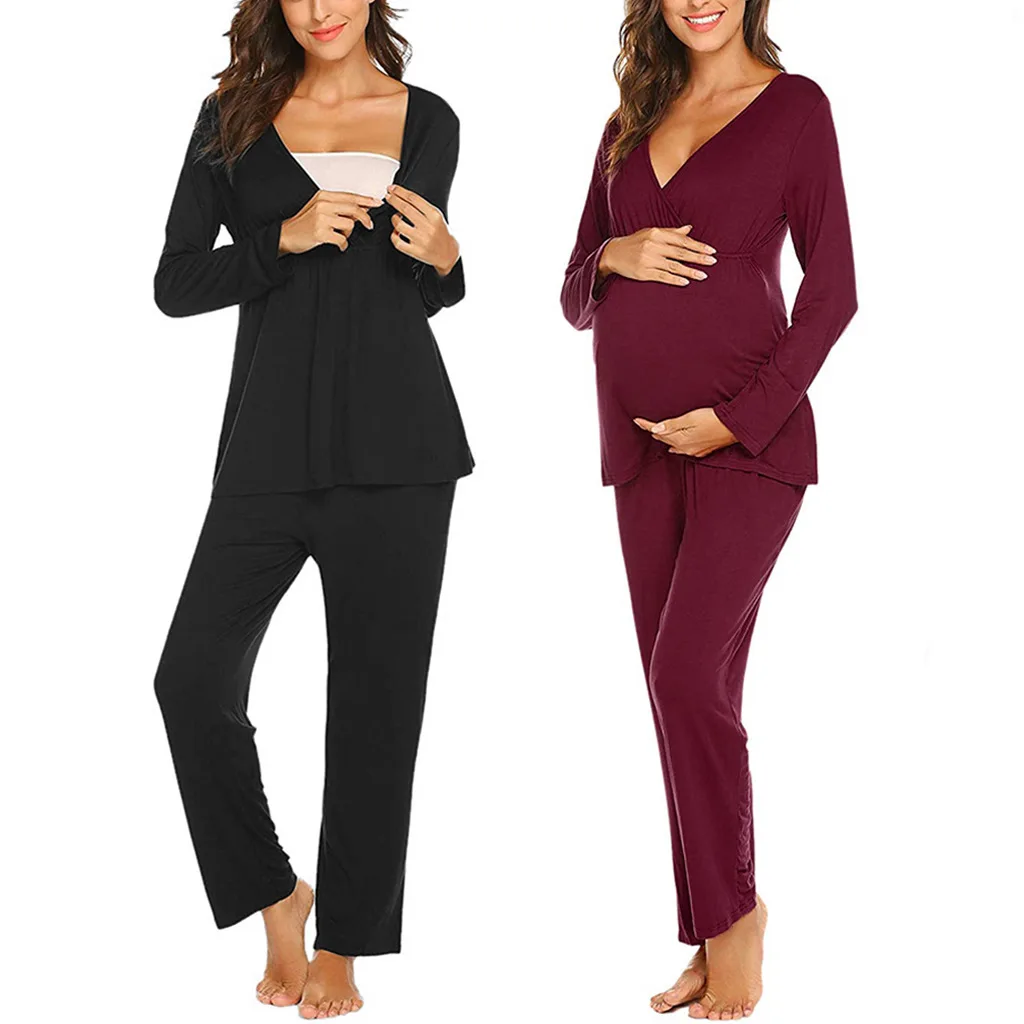 
New Products Solid Color Pregnant Women Nursing Clothing Pajamas V Neck Long Sleeve Pants Sets Home Maternity Clothes 