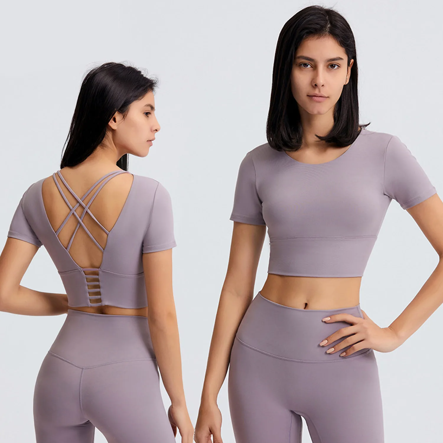 Sexy girl must have tight-fitting short-sleeved halter top with chest pad high quality women yoga solid color casually t-shit