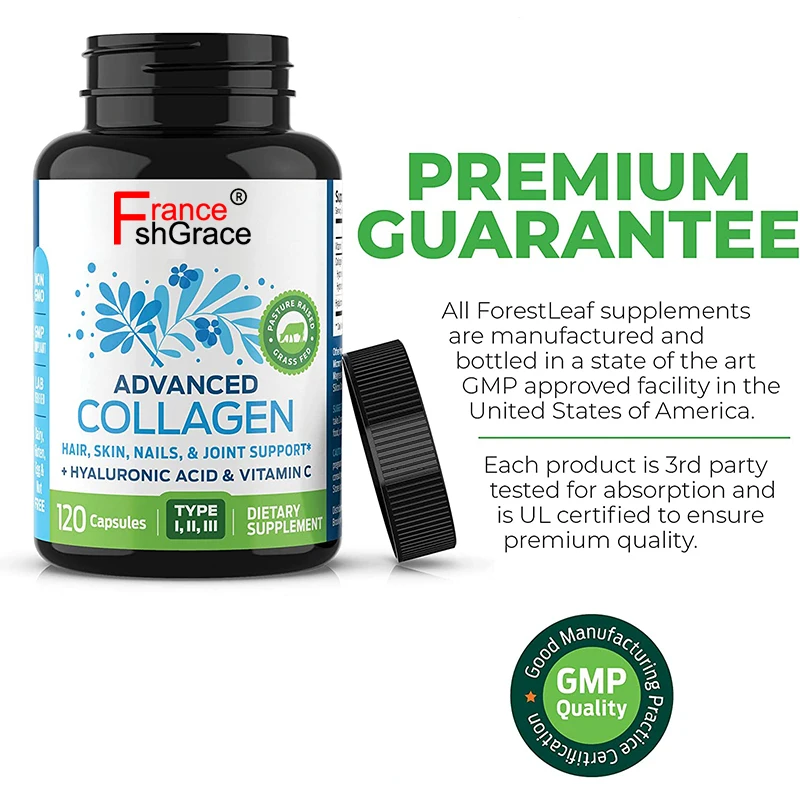 120 Capsules Tighten Skin Boost Hair Skin Nails Joint Health Collagen Peptides Supplement Pills with Hyaluronic Acid