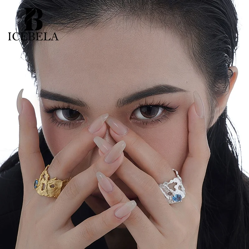 Cold Style Luxury Fashion Jewelry Noble Sapphire Ring Gold Plated Irregular Geometric Hollow Out S925 Silver Ring For Women