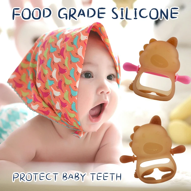 OBJ custom color Dinosaur baby teether bite glue potable and edible silicone anti-eating hand baby teether stick