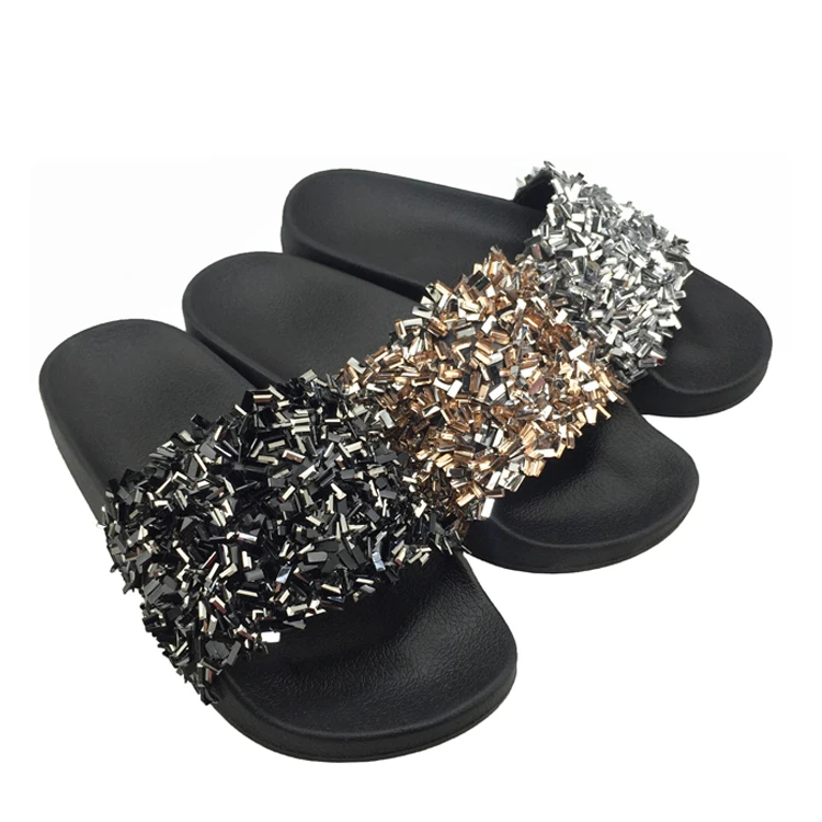 2021 Woman Flat Slipper Latest Design Black Slide Rhinestone Lady Shoes