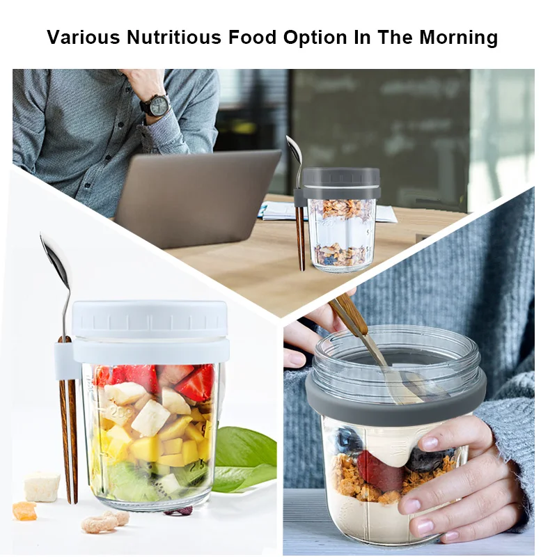12oz portable glass breakfast overnight oat mason jars plastic container with lids and spoon straw set for overnight oats