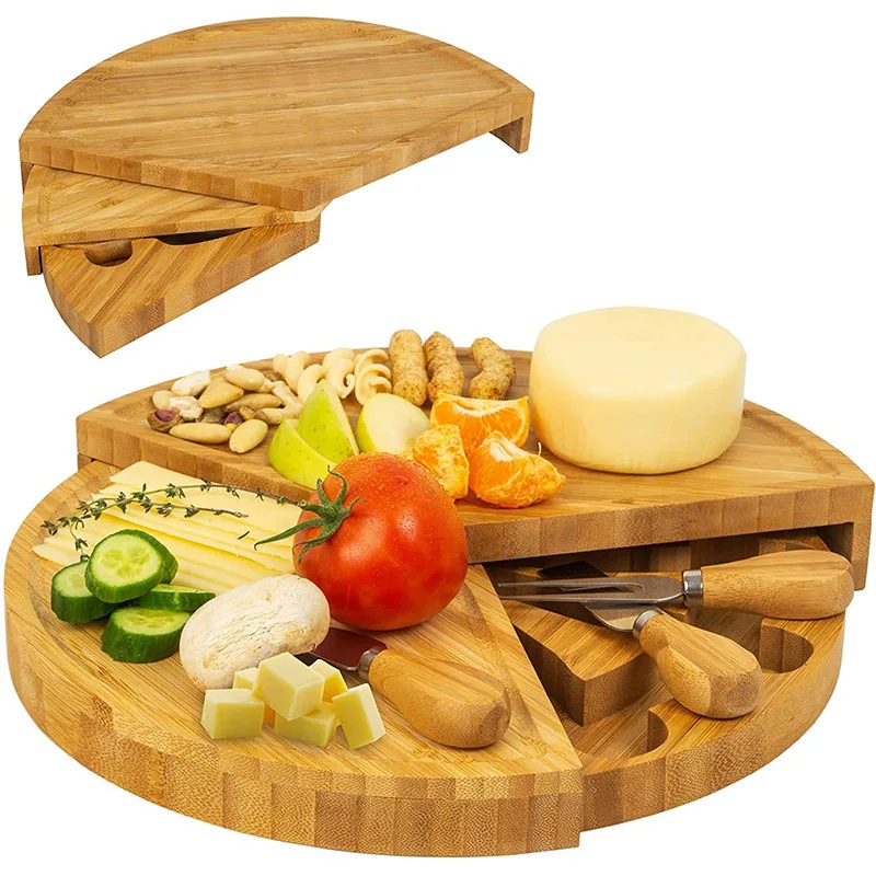 Folding Round Wood Rotating Charcuterie Boards Cheese Board Slate Serving Tray Including Stainless Steel Knife