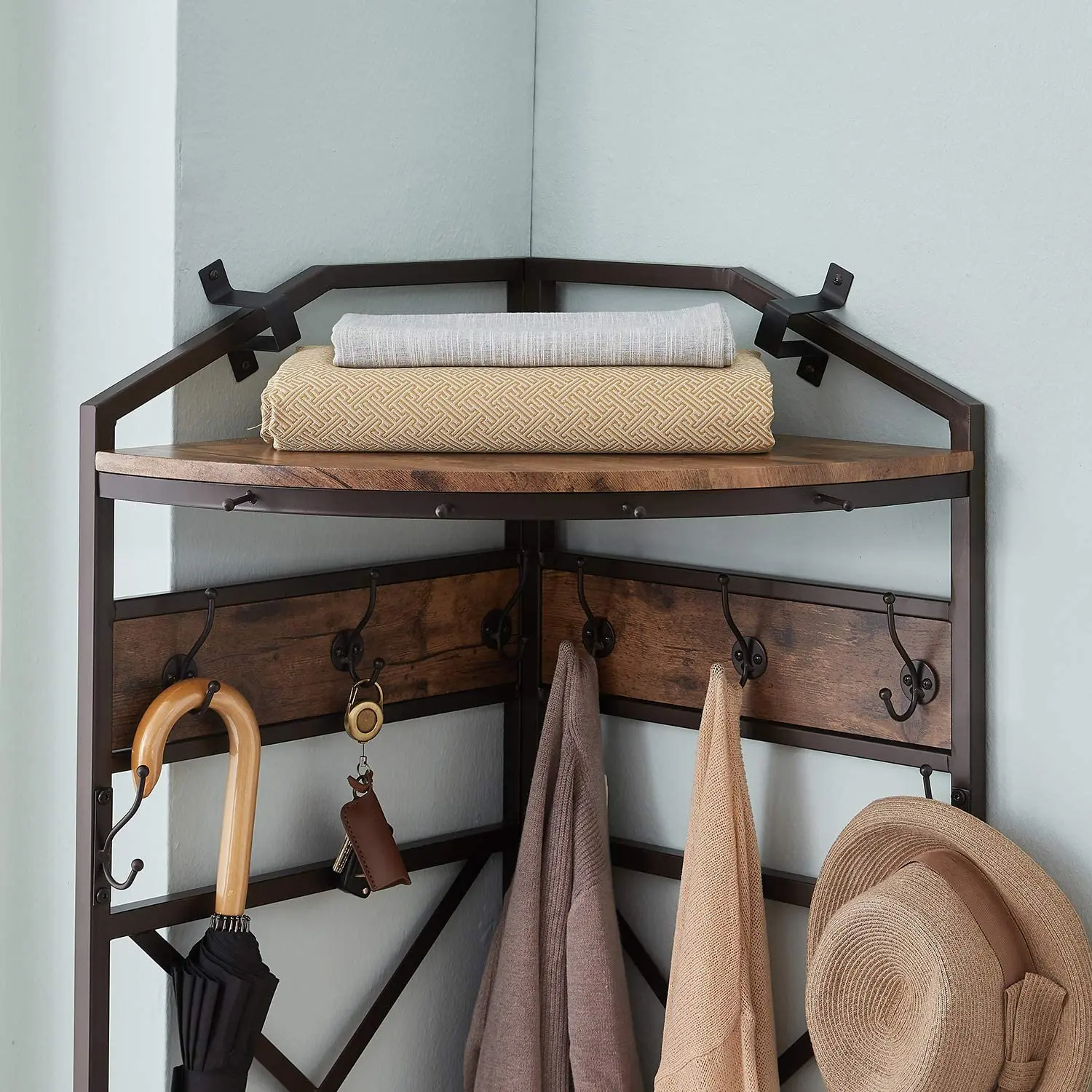 Винтажное Угловое дерево с скамейкой для обуви, вешалка для пальто с 6 двойными крючками, коричневая ретро