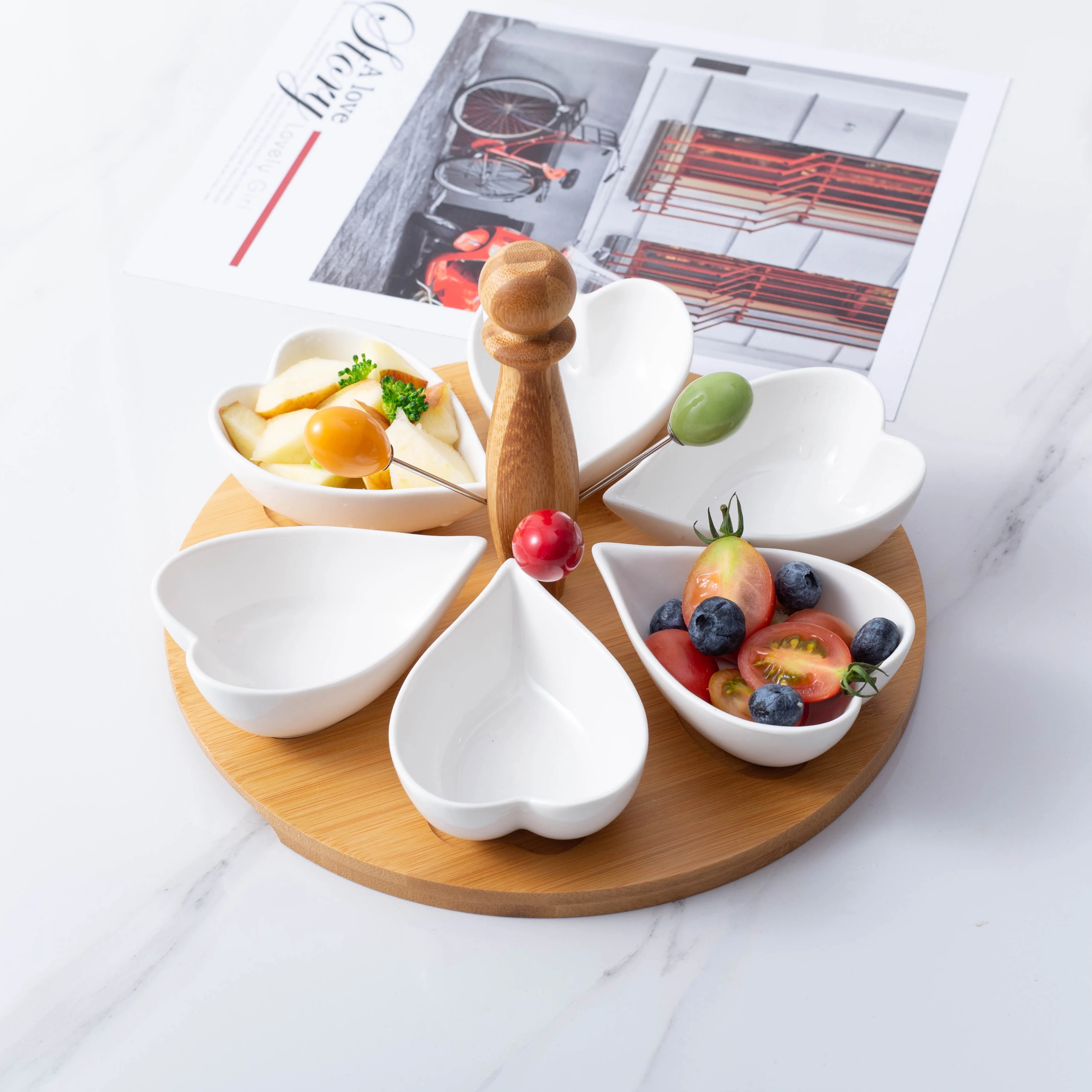 Separated dry fruit compartment tray water droplets shape white ceramic snack tray