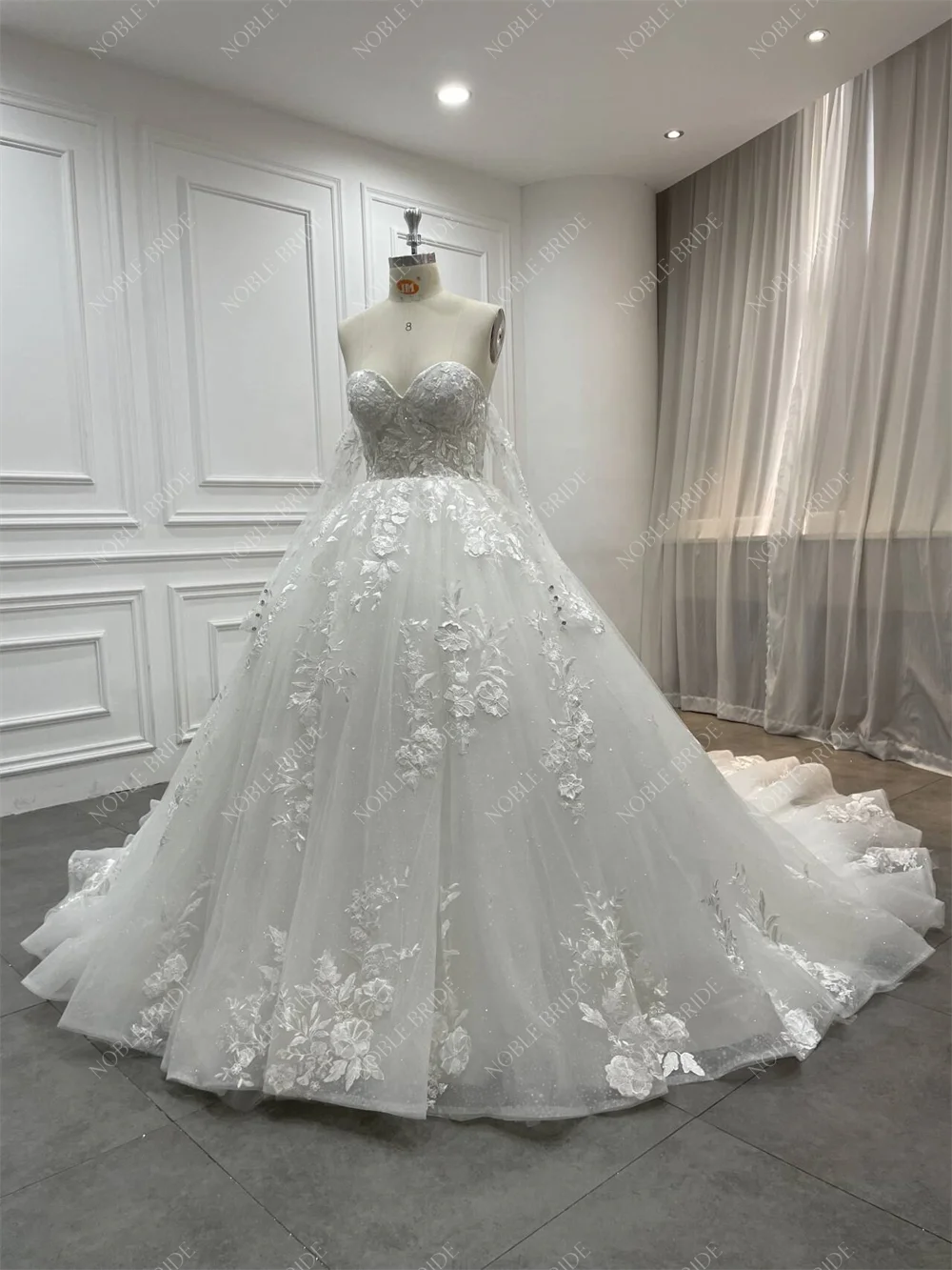 Sweetheart Detachable Long Sleeves Lace Up Back Glitter Tulle Puffy Ball Gown Bridal Dress