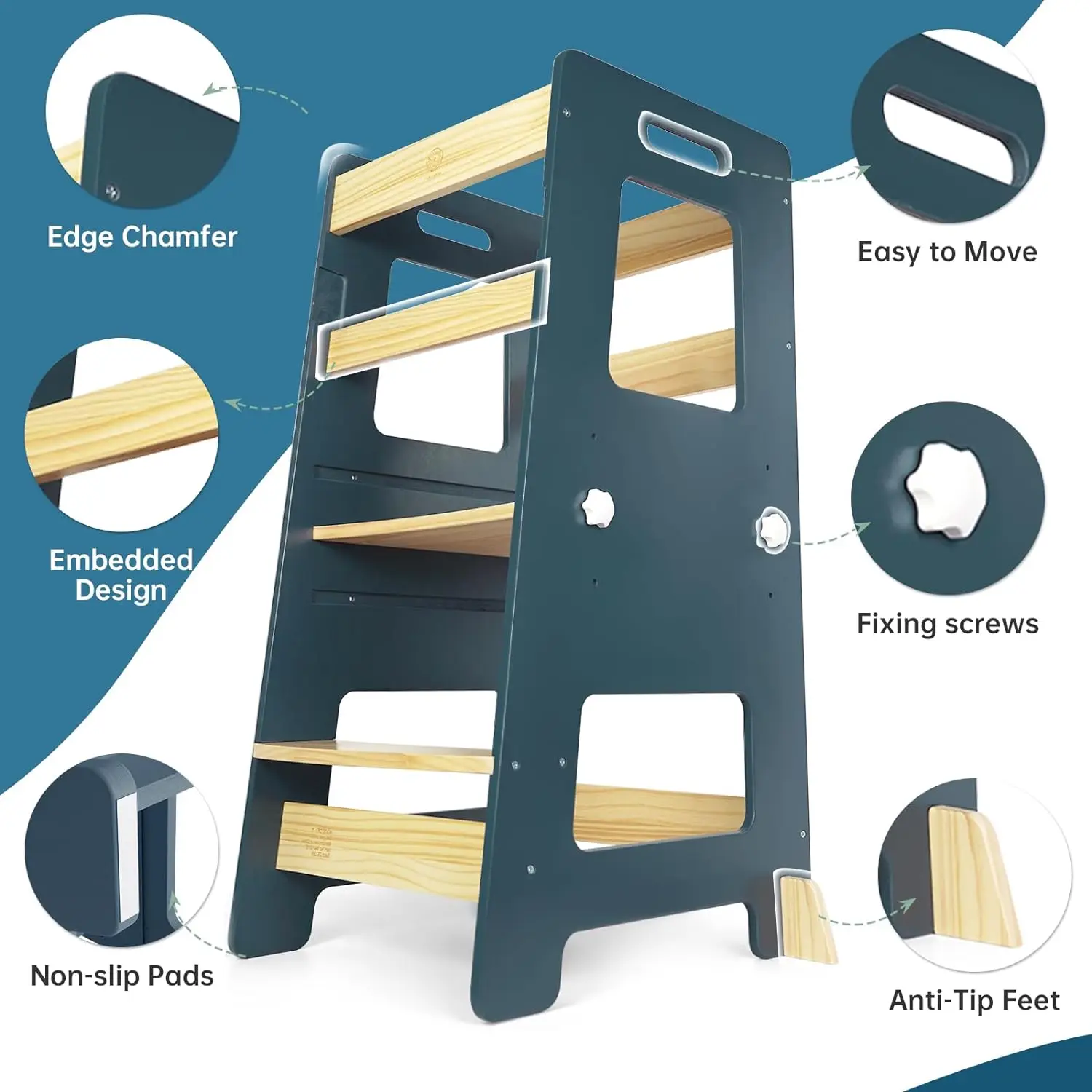 Toddler Tower Height-Adjustable Kids Kitchen Step-To-Stool Toddler Stool with Safety Rails