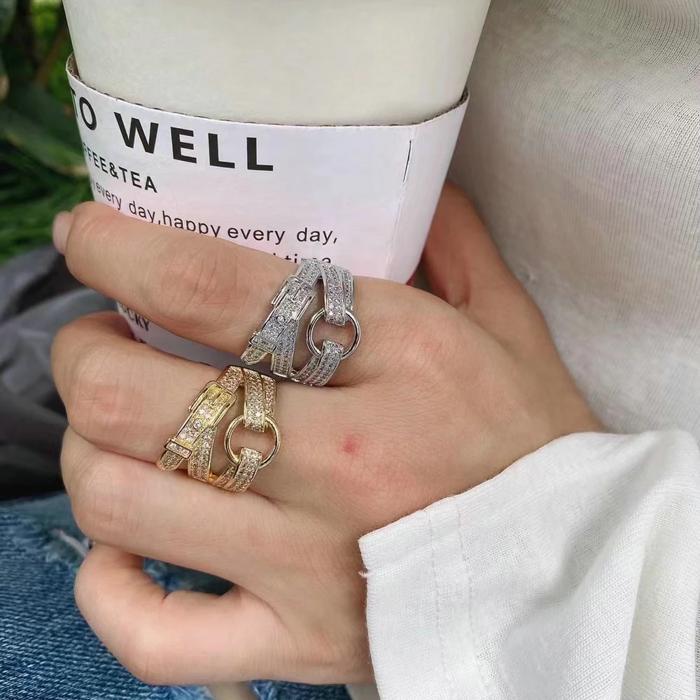 Adjustable Fashion Gold Plated Zircon Belt Buckle Charms Jewelry Copper Brass Ring for Party Gift