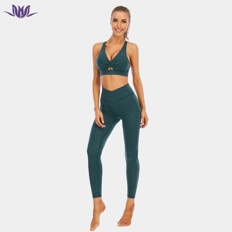 Eation 2023 Fashion High Quality Sustainable Nylon Spandex Embossed Fitness Yoga Wear Women 2 Pieces Suits Yoga Set