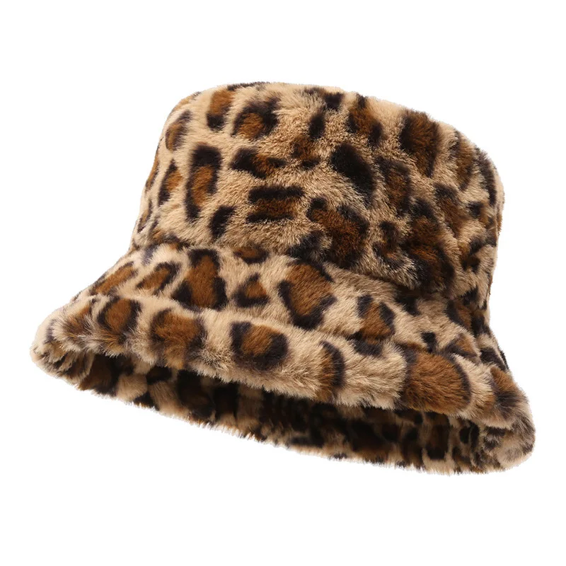 BSBH Warm Plush Fisherman Cap Hat Leopard Fluffy Bucket Hat Furry Bucket Hat