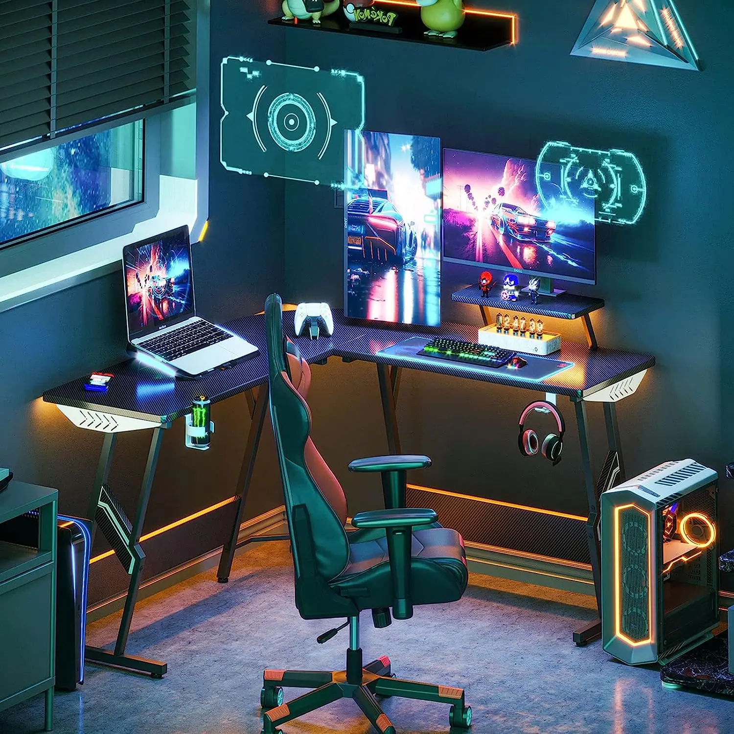 Black L Shaped Gaming Desk with Cup Holder and Headphone Hook gaming gamer desk and chairs