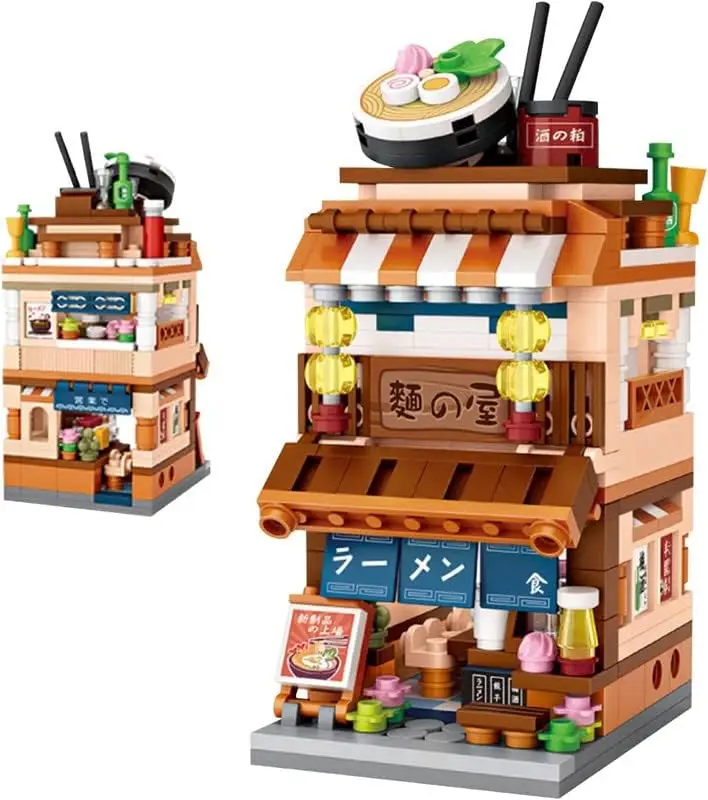 Japanese Mini Store Building Block Kit 412-Piece Plastic Model Toy DIY Ramen House with Street View Game for Kids
