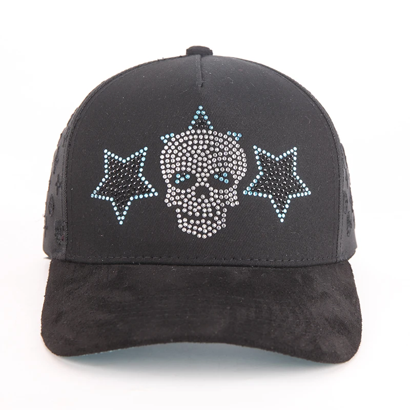 Custom high quality full embroidery logos on the mesh shiny rhinestone trucker hat cap