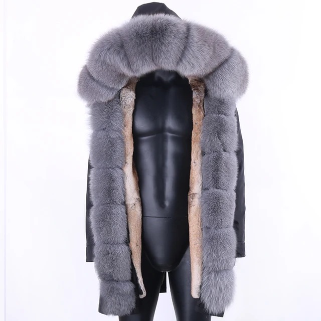 Men Winter Long Coat Real Fur Hooded Jacket Nature Rabbit Fur Lined Outwear Man Real Fur long Parka