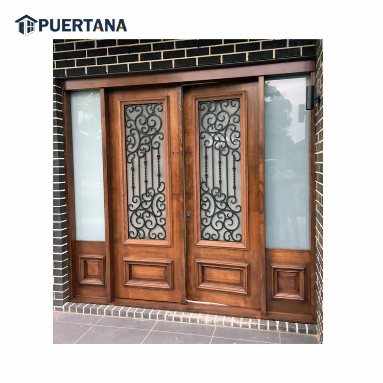 Custom Solid Wood Timber Wrought Iron Door Entry Wooden Door Decorative Cast Iron Grill Design Exterior Front Door
