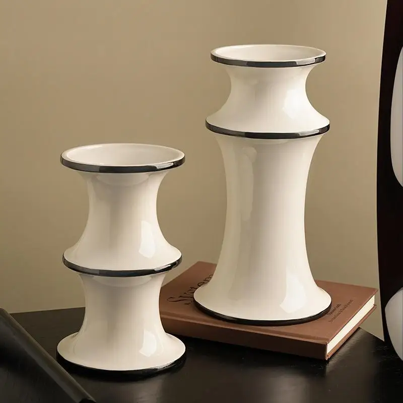 Modern Minimalist Bamboo Geometric Ceramic Vase Vintage White Black Color Block Design Hotel Home Office Decor Wedding Pot