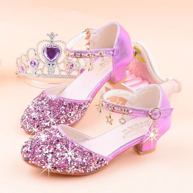 New Princess Fashion Girls Shoes Glitter Shiny Sandals Girls High Heel beautiful Shoes With Rhinestone School Party Show Shoe