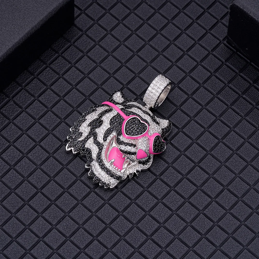 Full Iced Bling Out Black Clear Zircon 925 Hip Hop Style Fashion Design Gorgeous Hot Pink Enamel Jumbo Fierce Tiger Head Pendant