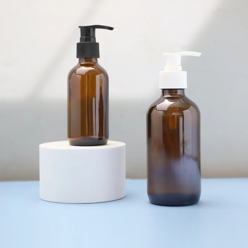 Boston round amber Bottle cosmetic packaging container skin care shampoo pump spray  sets